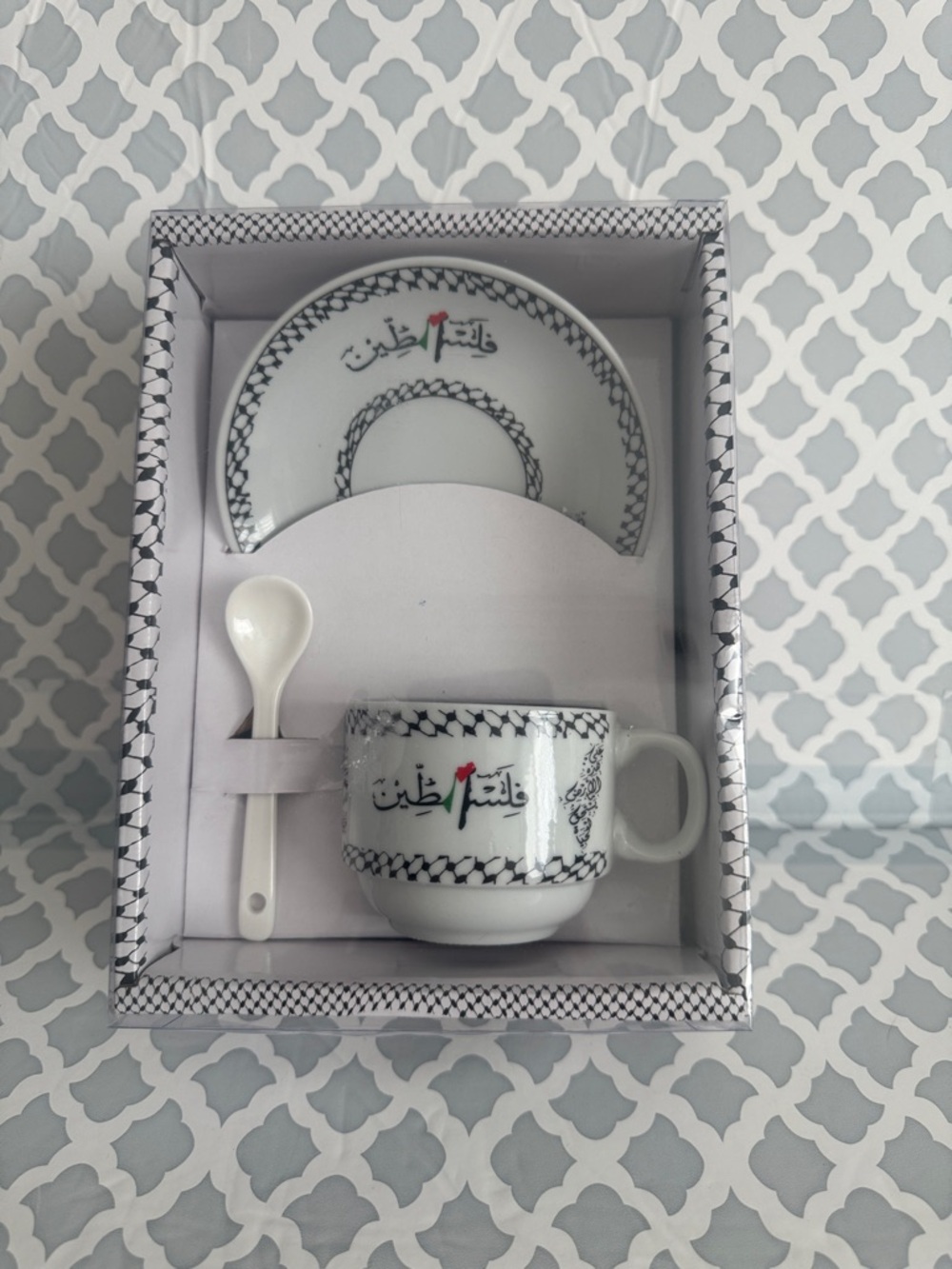White Arabic Script Porcelain Coffee Cup & Saucer Set with Spoon